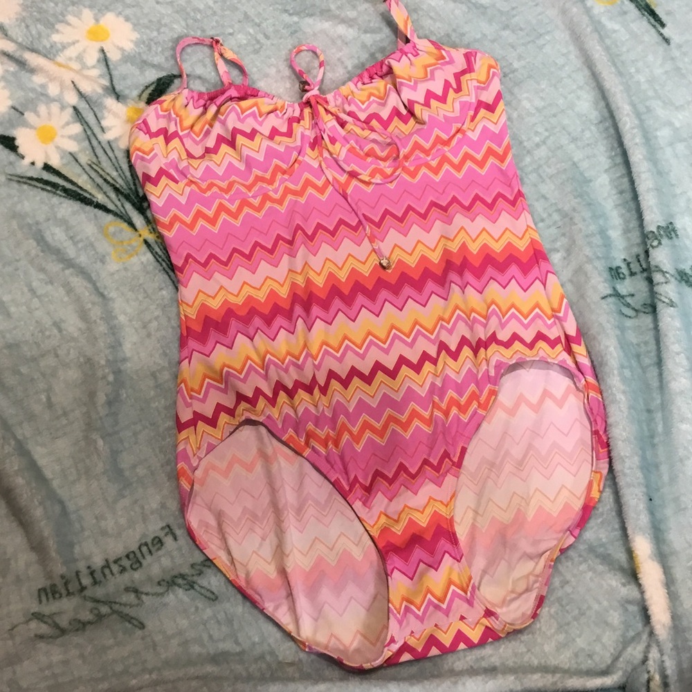 Liz Claiborne Pink and Yellow Chevron One-Piece Swimsuit